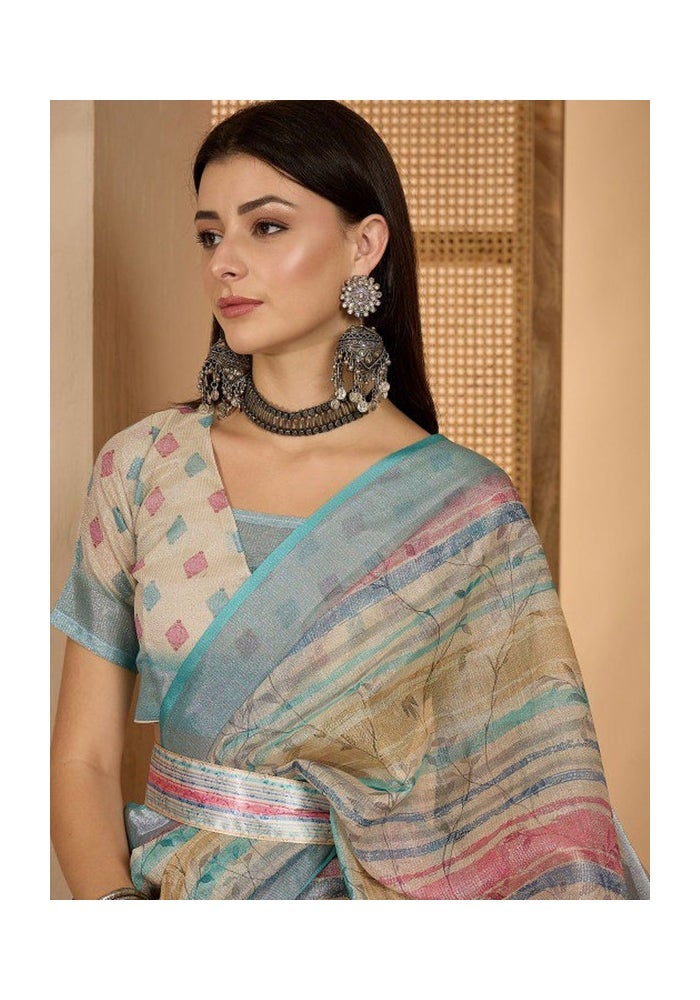 Malishka Export Beige Linen Cotton Digital Print Saree for Women - Image 5